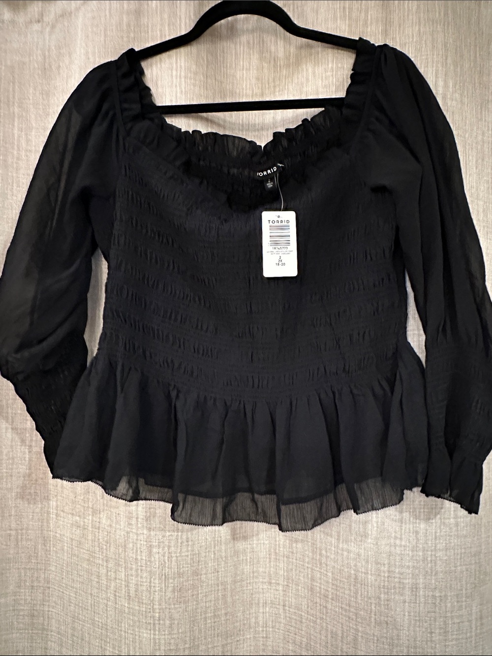 torrid Black Smocked off shoulder Sheer-Sleeve cropped Blouse